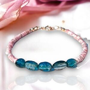 New Solid 14K Rose Gold Natural London Blue Topaz and Ruby Bracelet  , 7.1"